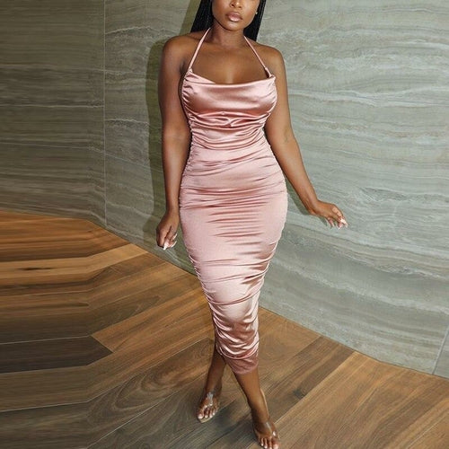 Halter Backless Bodycon Runched Midi Dress Elegant Evening Party Dress