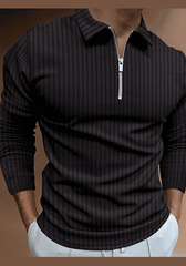 Men's solid color zipper striped long-sleeved POLO shirt1