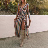 Sexy Striped Print Lace-Up Boho Long Dress
