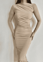 Solid Color Pleated Bodycon Party Dress Elegant O Neck Long Sleeve2