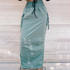 Long Skirt Woman Big Pocket Elastic Waist Drawstring Tie up Solid - Love Couture Clothing