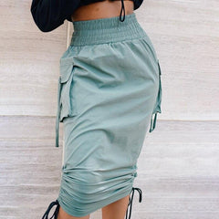 Long Skirt Woman Big Pocket Elastic Waist Drawstring Tie up Solid - Love Couture Clothing