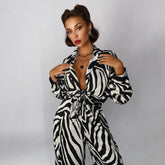 Stripes Pants Set Long Sleeve Blouse Matching Wide Trousers Suit