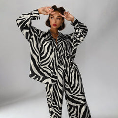 Stripes Pants Set Long Sleeve Blouse Matching Wide Trousers Suit