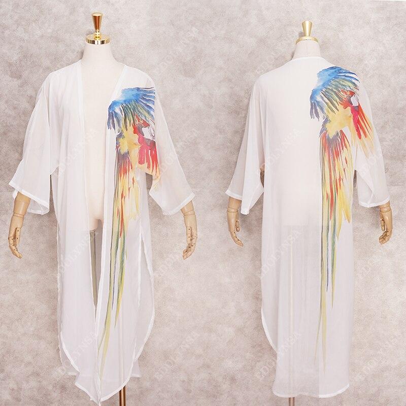 Boho Parrot Printed Bikini Cover-ups White Chiffon Tunic Plus Size