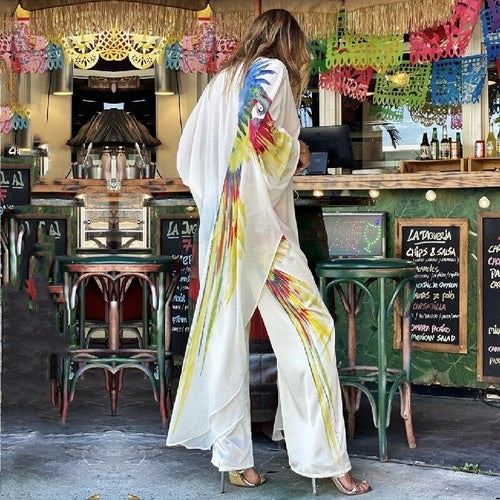 Boho Parrot Printed Bikini Cover-ups White Chiffon Tunic Plus Size