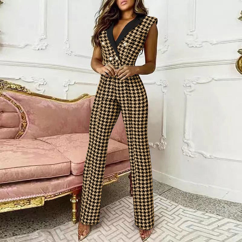 Elegant Button Rompers Houndstooth Print Casual Wide Leg Pants