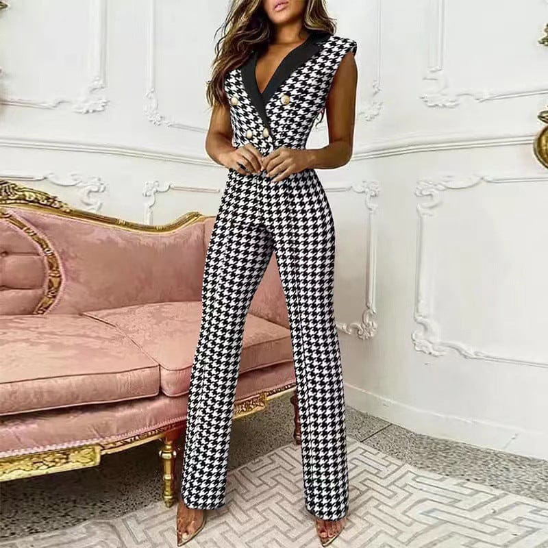 Elegant Button Rompers Houndstooth Print Casual Wide Leg Pants