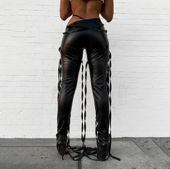 Ribbons Faux Leather Solid Flare Pants