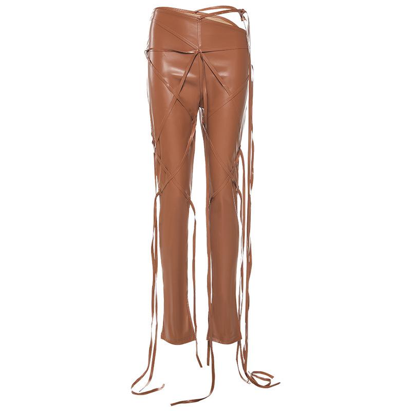 Ribbons Faux Leather Solid Flare Pants