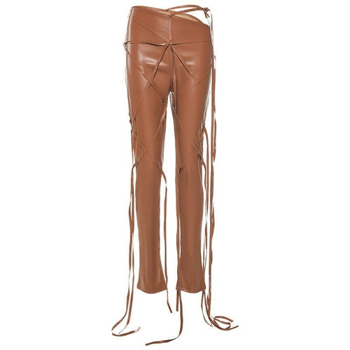 Ribbons Faux Leather Solid Flare Pants