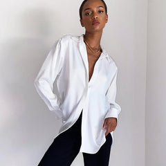 Long Sleeve White Satin Shirt Women Turn-down Collar Loose Blouse