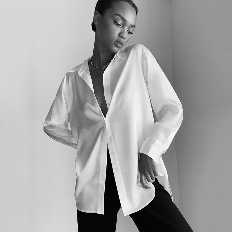 Long Sleeve White Satin Shirt Women Turn-down Collar Loose Blouse