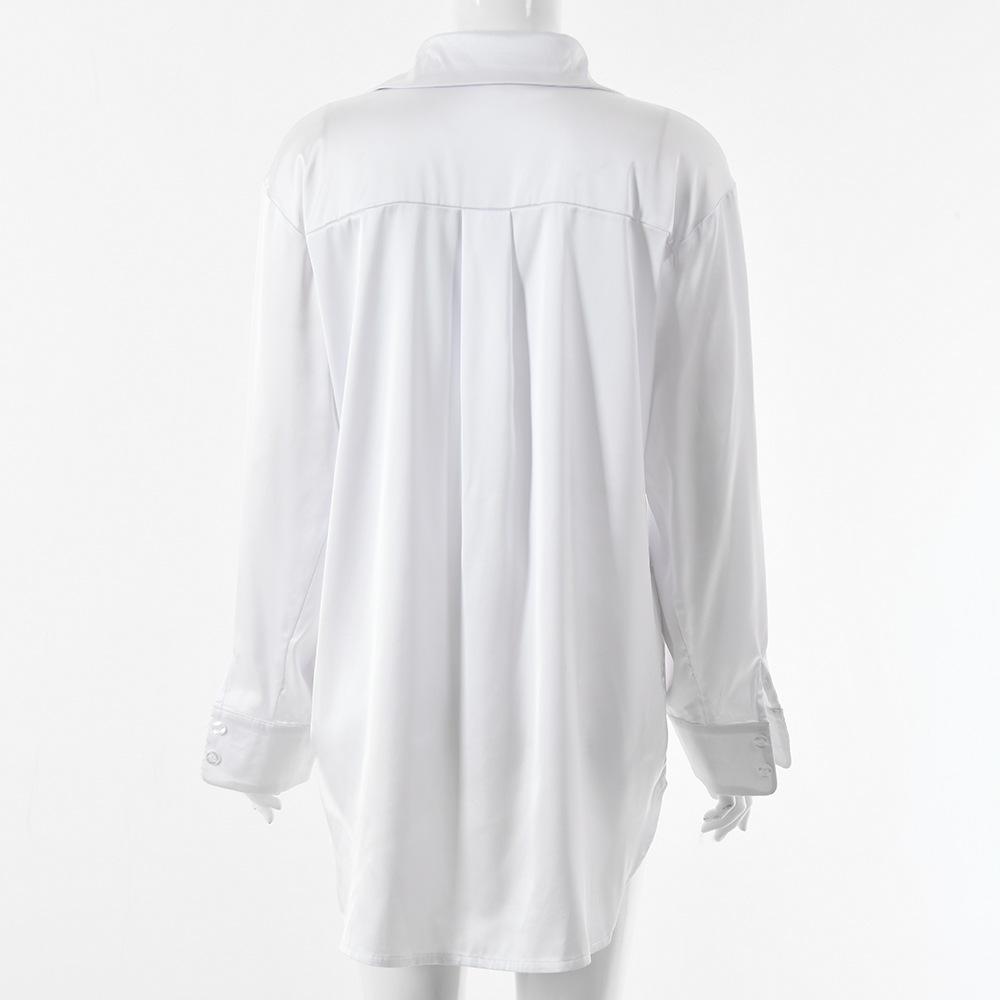 Long Sleeve White Satin Shirt Women Turn-down Collar Loose Blouse