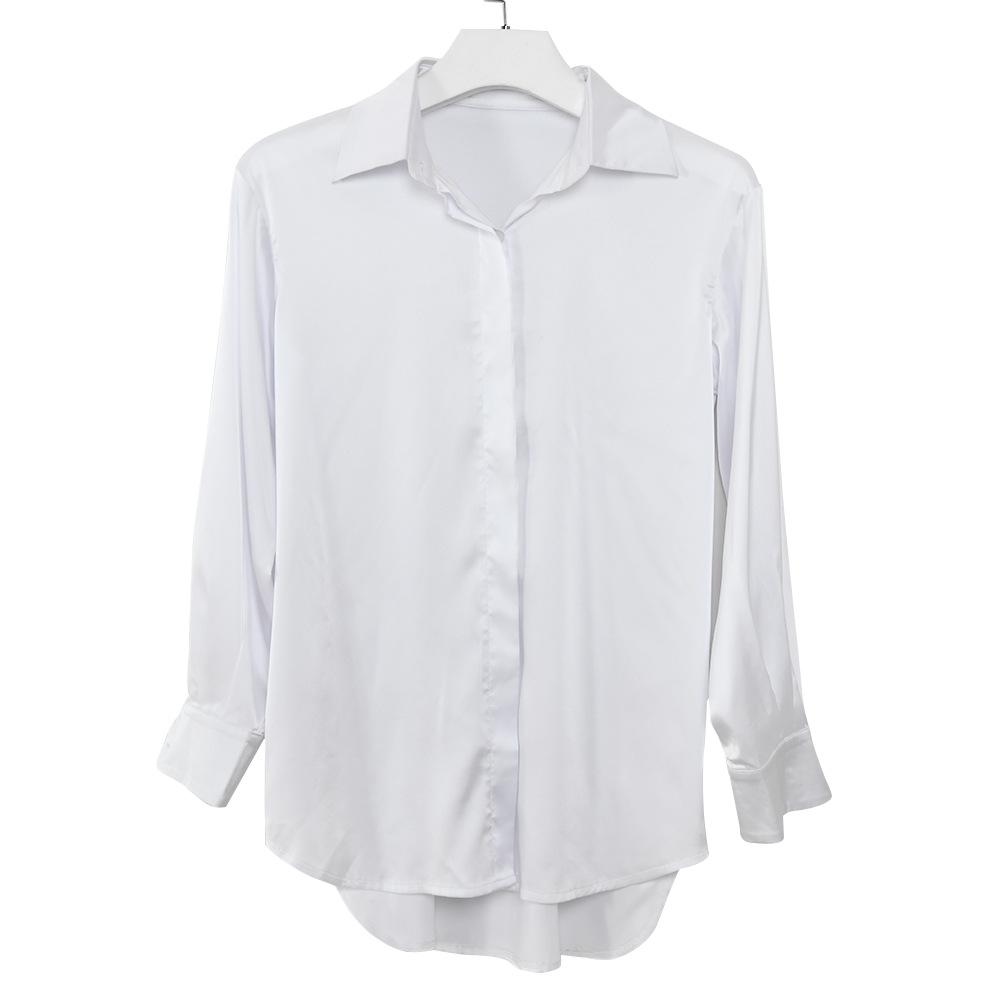 Long Sleeve White Satin Shirt Women Turn-down Collar Loose Blouse