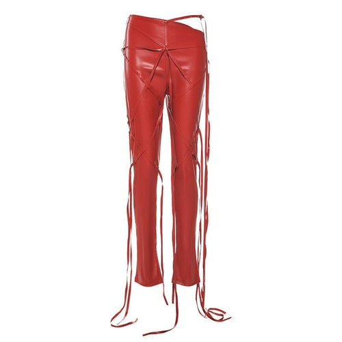 Ribbons Faux Leather Solid Flare Pants