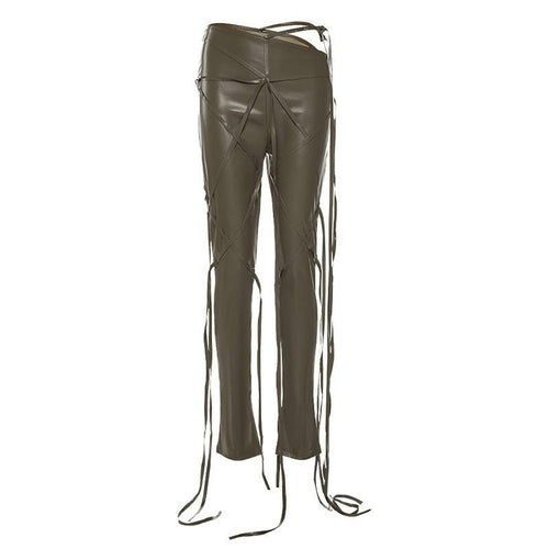 Ribbons Faux Leather Solid Flare Pants