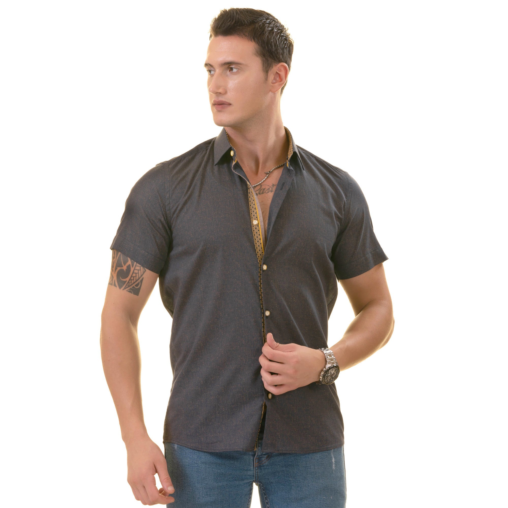 Navy Mustard Designer Paisley  Short Sleeve Button up Shirts -