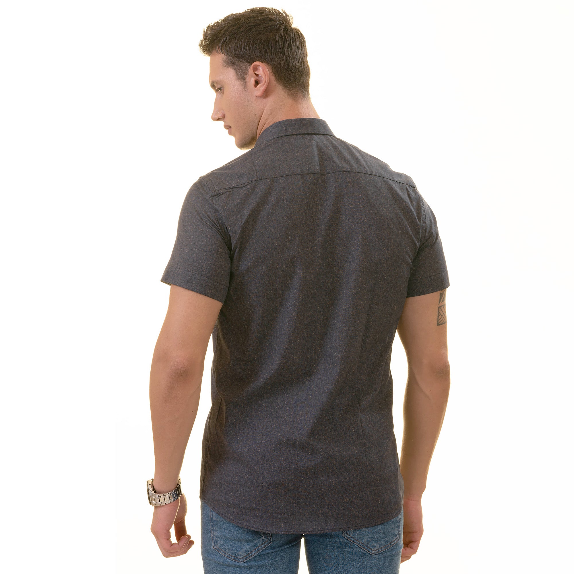 Navy Mustard Designer Paisley  Short Sleeve Button up Shirts -