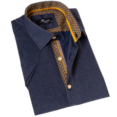 Navy Mustard Designer Paisley  Short Sleeve Button up Shirts -