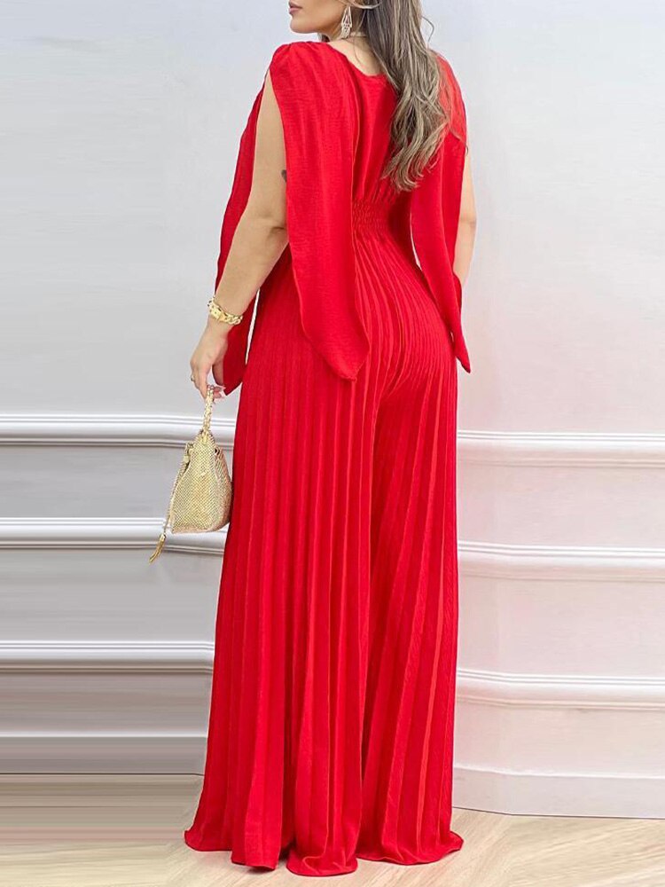 Deep V-Neck Pleated Wide Leg Jumpsuit