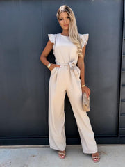 O-neck Wide Leg Jumpsuits Ruffles Sashes Overalls