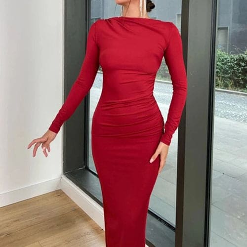 Solid Color Pleated Bodycon Party Dress Elegant O Neck Long Sleeve