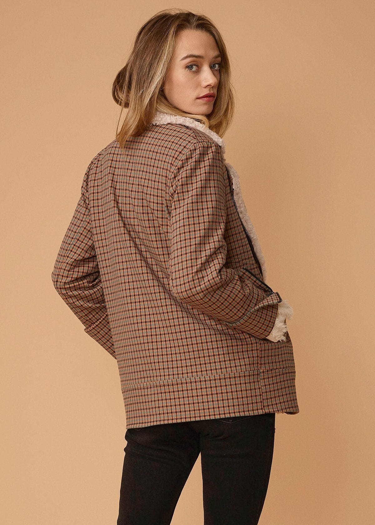 Asymmetrical Zip Front Coat in Peach Gingham