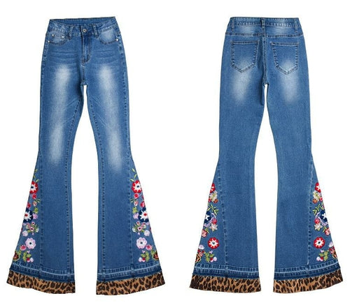 Leopard Patchwork Floral Embroidery Jeans