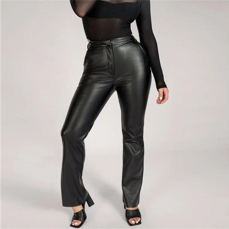 Women PU Leather Button Slim Pants Autumn High Waist Sexy