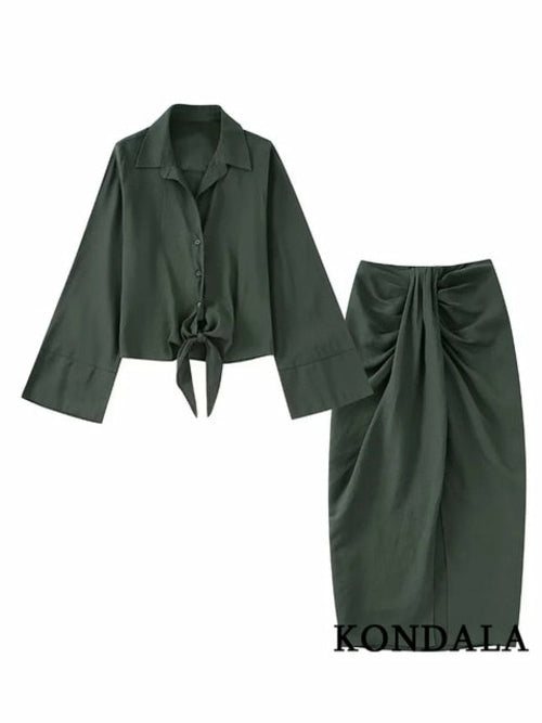 Women's Solid Suit with Bow Shirts and Pleated Skirts