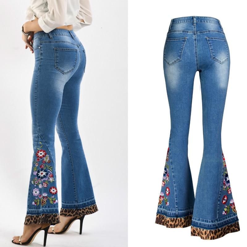 Leopard Patchwork Floral Embroidery Jeans