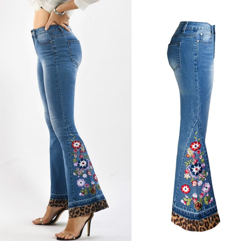 Leopard Patchwork Floral Embroidery Jeans