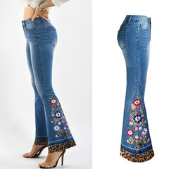 Leopard Patchwork Floral Embroidery Jeans