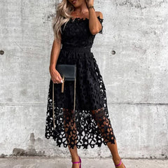 Off Shoulder Hollow Lace Dress Sexy Slash Neck Boho Dress