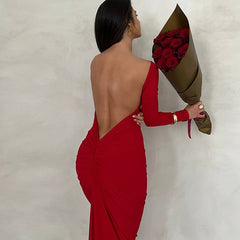 Solid Color Sexy Backless Pleated Maxi Dress