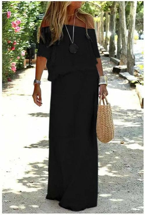 Solid Color Off-Shoulder Elastic Waist Maxi Dress