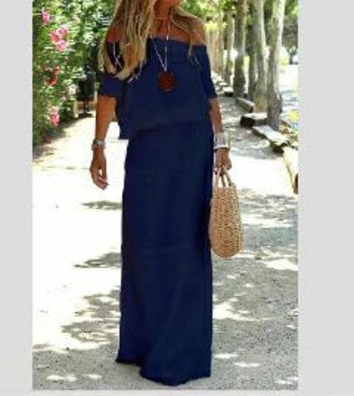 Solid Color Off-Shoulder Elastic Waist Maxi Dress