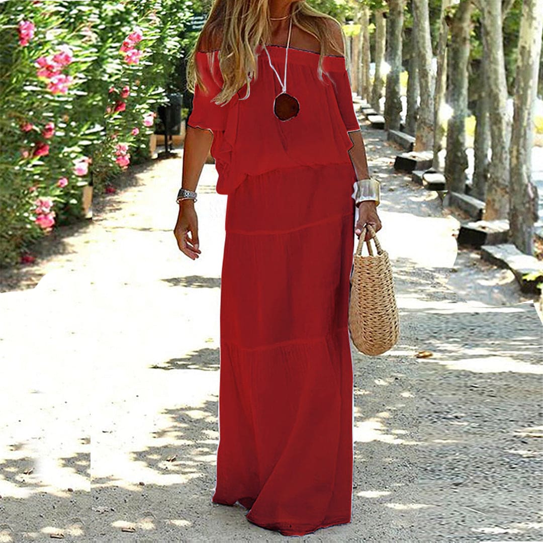 Solid Color Off-Shoulder Elastic Waist Maxi Dress