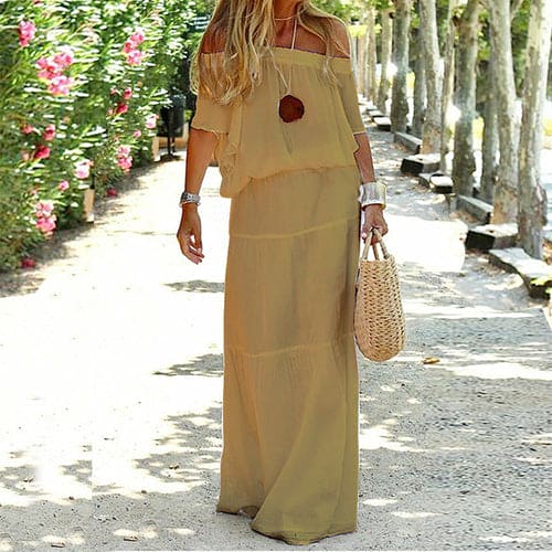 Solid Color Off-Shoulder Elastic Waist Maxi Dress