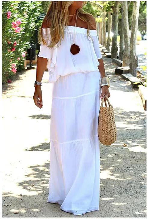 Solid Color Off-Shoulder Elastic Waist Maxi Dress