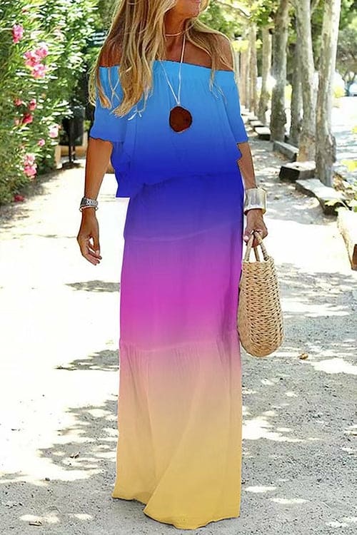 Solid Color Off-Shoulder Elastic Waist Maxi Dress