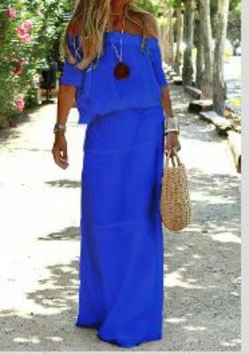 Solid Color Off-Shoulder Elastic Waist Maxi Dress