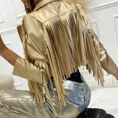 Vintage Solid Fashion Tassel Decoration PU Jacket 4