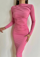 Solid Color Pleated Bodycon Party Dress Elegant O Neck Long Sleeve1