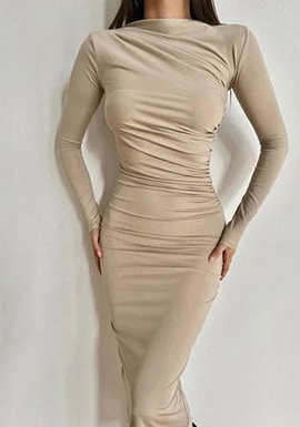 Solid Color Pleated Bodycon Party Dress Elegant O Neck Long Sleeve2