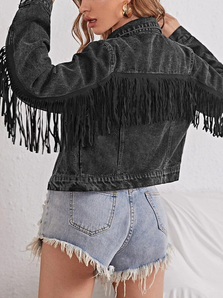 Loose Tassel Retro Cropped Denim Jacket