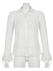 Vintage White Folds Cute Y2K Shirts Flared Sleeve Button Tops