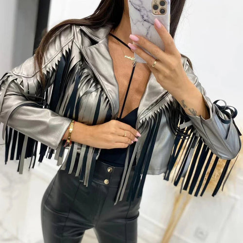 Vintage Solid Fashion Tassel Decoration PU Jacket 4