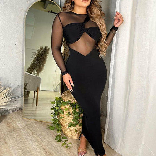 Long Sleeve Mesh Insert See Through Bodycon Midi Dress